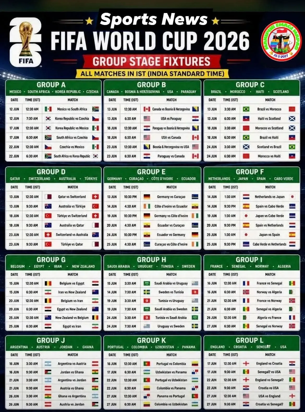FIFA World Cup 2026 Match Timings in India (IST)